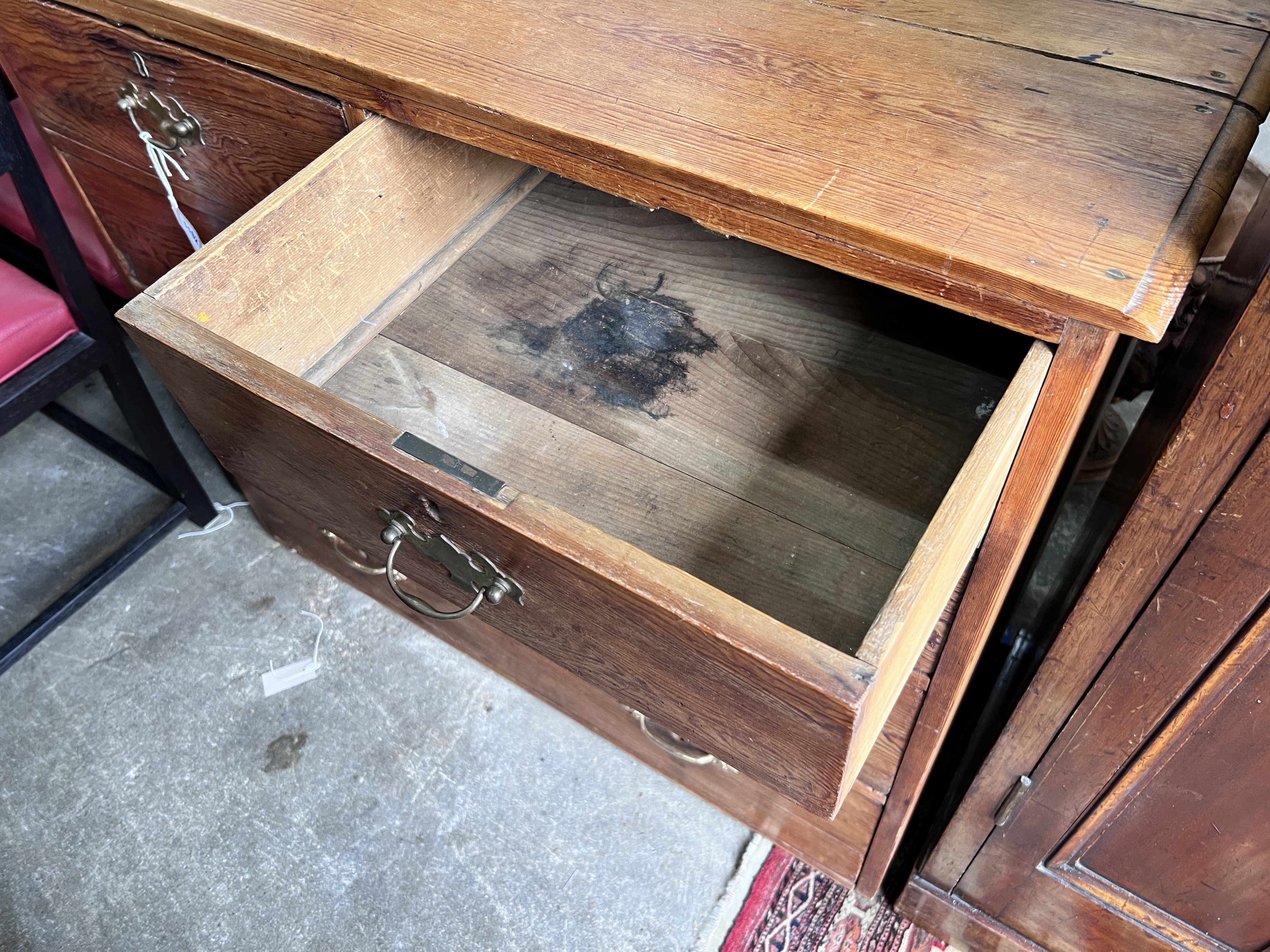 Royal interest - A Victorian pine chest marked with the Royal Cypher dated 1866 Windsor Castle Room 491, width 106cm, depth 53cm, height 89cm